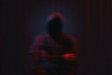 Silhouette of anonymous hacker and digital binary code on dark background. Cyber attack concept