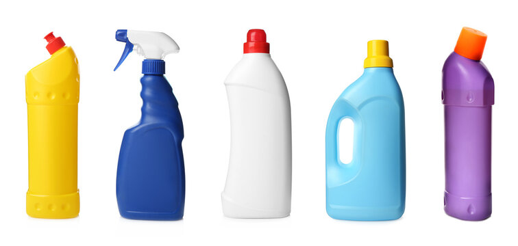 Set with different cleaning products on white background. Banner design