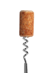 Corkscrew with wine cork on isolated background. Domestic tool