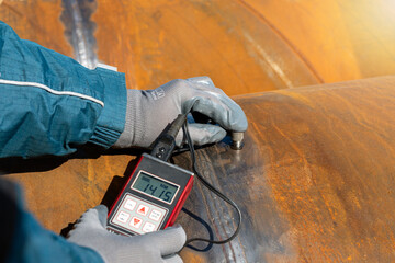 Inspector is measuring thickness of the pipe material from near to weld with a portable ultrasonic...