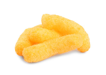 Tasty cheesy corn puffs isolated on white