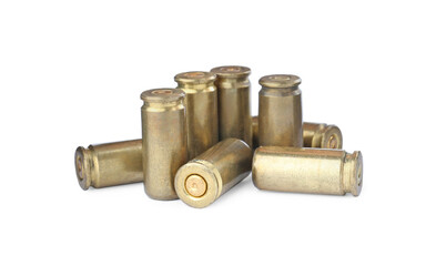 Cartridge cases isolated on white. Firearm ammunition