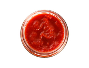 Glass jar of delicious canned lecho isolated on white, top view