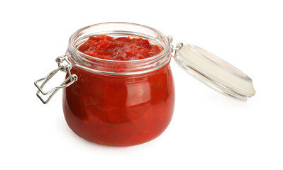 Glass jar of delicious canned lecho isolated on white