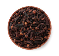 Aromatic dry cloves in wooden bowl isolated on white, top view