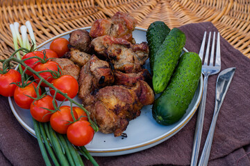 Shish kebab on a plate, next to fresh tomatoes and cucumbers. Tasty food.