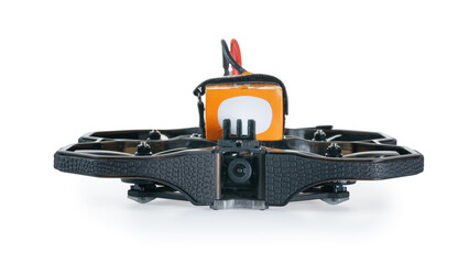 Black FPV cinewhoop drone with battery isolated with clipping path