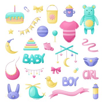 Set of isolated cartoon baby accessories, toys and clothes, collection of vector illustration.