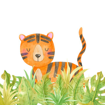 Watercolor illustration - cute tiger. Cartoon wild animal from the African.