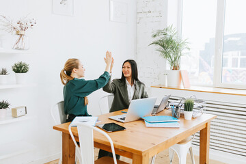 two young business women professionals in formal wear clothes work in modern office using laptop, tablet, brainstorm and search for solutions together, confident independent Asian girl solves problems