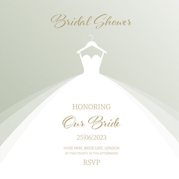 Bridal Shower invitation with wedding dress postcard inn minimalist aesthetic style. Vector illustration in passtel green tones