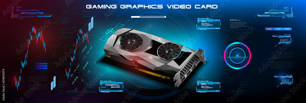 Poster realistic graphics card for cryptocurrency mining or gaming. realistic 3d graphics card mockup. powe