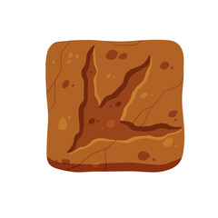 Footprints of a fossil dinosaur. Dino reptile foot trail. Paw in brown clay or stone.
