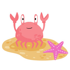 Funny crab on beach. Pink seashell with claws walks along coast. Cute children drawing. Sand with starfish