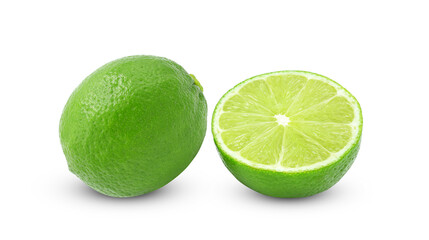 Whole of fresh lime fruit and slice isolated on white background.