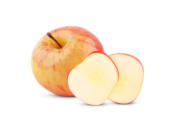 Fresh whole red apple and slices isolated on white background.