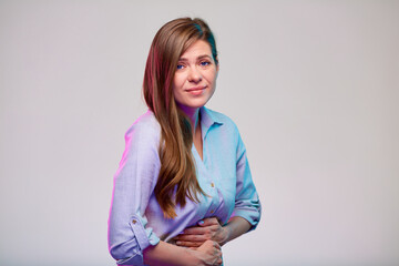 Woman with stomach pain and digestive disorder isolated portrait.