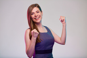 Fototapeta premium Smiling business lady demonstrate woman power with bend arms. isolated portrait.
