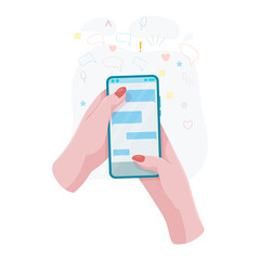 Hands hold a phone. Concepts of internet network communications. People chatting and chatting together on social networks. Woman holding a phone or tablet in her hand. Vector illustration.