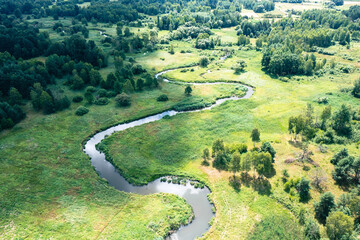  Warta river aerial view, many meanders. Summer time. Jura region near Czestochowa. Silesian Voivodeship. Poland.   - obrazy, fototapety, plakaty