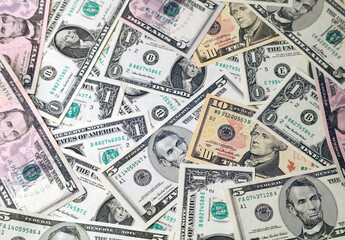 Close-up of assorted American banknotes