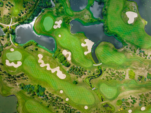 Golf Field Background. Aerial view of green grass and trees on a golf field. Golf course beautiful nature landscape. 