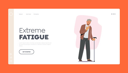 Extreme Fatigue Landing Page Template. Tired Elderly Man With Walking Cane Yawning, Sad Grandfather Health Problems