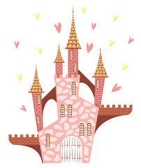 Ancient stone cute rose gold castle isolated on white background. Fairy palace. Flat vector illustration.