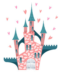 Ancient stone cute pink castle with towers, balconies and forged gates isolated on white background. Vector illustration.