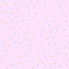 Seamless vector pattern with gold and green stars isolated on pink background. Suitable for textile, fabric, package, packing, wallpaper, cover, wrapping paper. 
