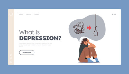 Depression Landing Page Template. Mental Disease, Unhappy Woman Sitting on Floor with Tangled Thoughts in Head
