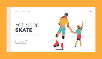 Family Skate Activity Landing Page Template. Mother and Little Daughter Rollerblading. Leisure, Sport Spare Time