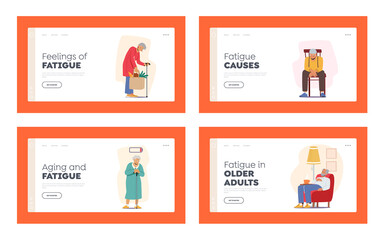 Tired Elderly People Landing Page Template Set. Sad or Forworn Grandfather or Grandmother Health Problems, Loneliness