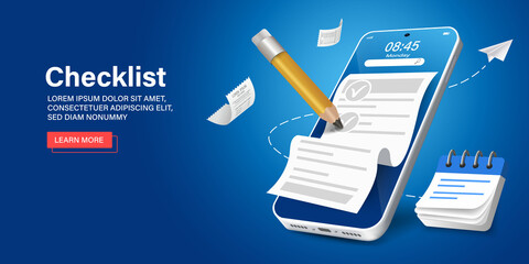 checklist, work project plan concept, fast checklist, posting plan on blue background, productivity checklist 3d.Manager or test review concept.Online paper checklist via mobile application. © pixelplus