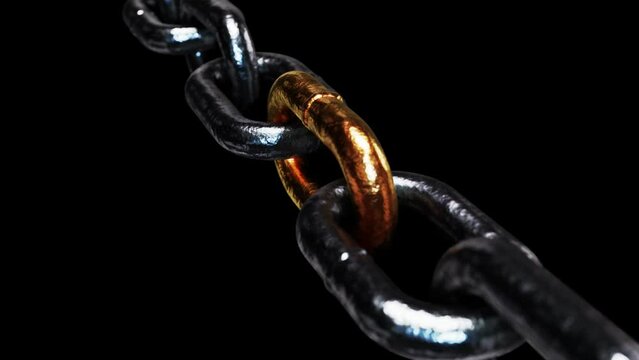 Realistic DOF camera looping 3D animation of the single gold link in a forged steel chain rendered in UHD with alpha matte