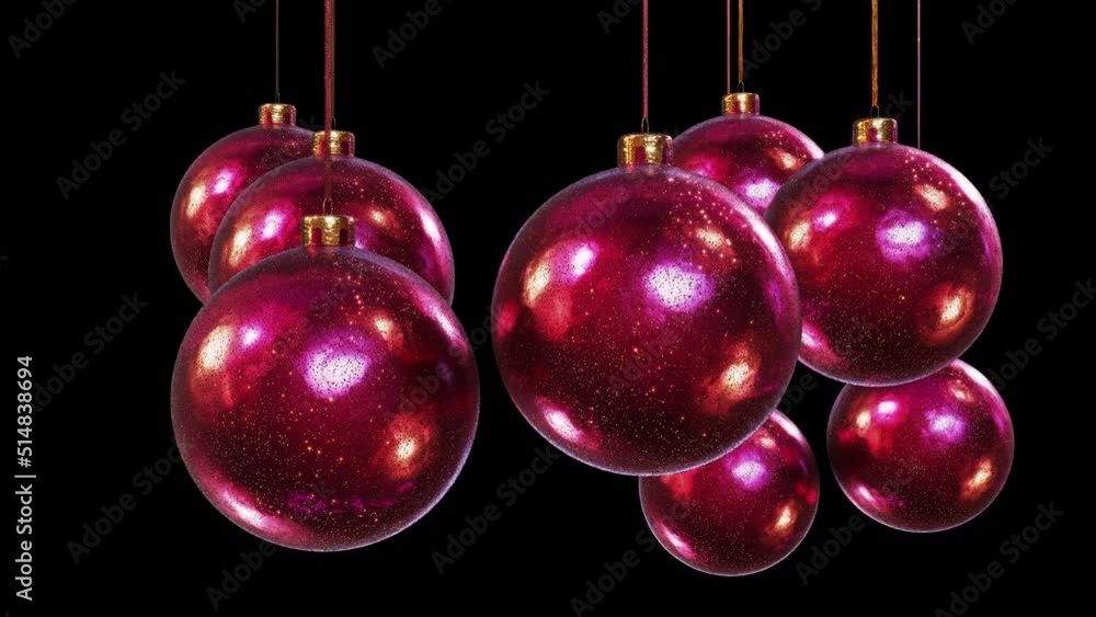 Poster realistic looping 3d animation of the hanging spinning red glossy christmas balls covered with golde
