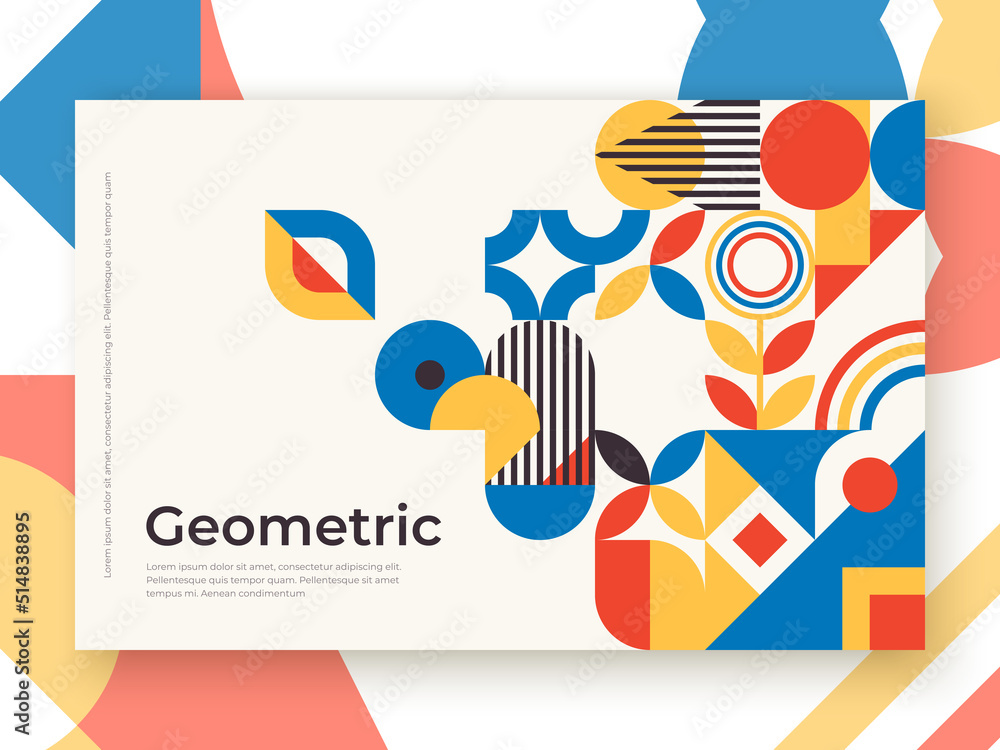 Poster bauhaus inspired banner with square figures and text. minimal modern abstract brochure. abstract ret