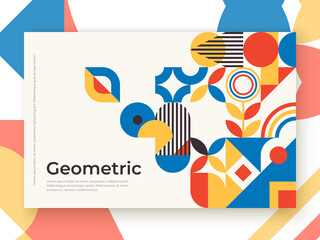 Bauhaus inspired banner with square figures and text. Minimal modern abstract brochure. Abstract retro poster with basic figures templates