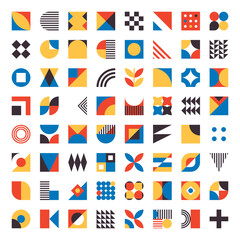 Simple geometric bauhaus inspired elements. Minimal modern abstract shapes. Abstract retro tiles with circles and triangles