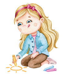 Watercolor kid, playing kid, primary school kid, cute girl drawing