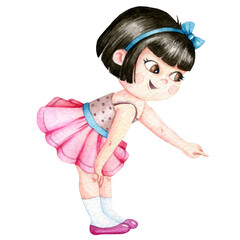 Watercolor kid, playing kid, primary school kid, cute little girl pointing