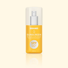 Sunscreen and sunblock spray. Realistic 3d sun protection cosmetics. Summer skincare beauty product