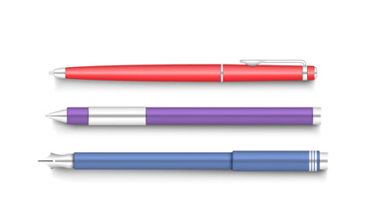 Realistic pen and pencil set. Collection of school or office stationery tools for writing