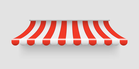 Realistic striped store sunshade awning. Red and white market umbrella. Front tent roof for shop