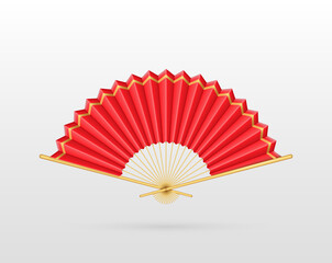 Chinese and Japanese traditional fan paper and bamboo realistic 3d design. Red folding silk fan