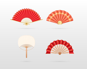 Realistic detailed 3d asian fans set symbol of asia culture. Chinese and japanese paper folding fan