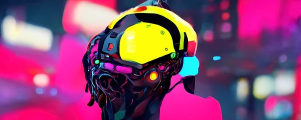 Rolgordijnen Een cyborg met een gloeiend gezichtsscherm kijkt in felle neonkleuren rechtstreeks in de achtergrond van een wazig cyberpunklandschap. Futuristische 3D illustratie © Valeriy
