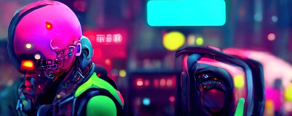 A cyborg with a glowing face-screen looks directly into the background of a blurred cyberpunk landscape in bright neon colors. Futuristic 3D illustration