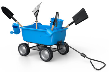 Garden wheelbarrow with garden tools like shovel, watering can and fork on white