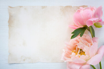 Obraz na płótnie Canvas Pink coral peonies and vintage paper on a white table, space for text. Background for congratulations, invitation, letter.